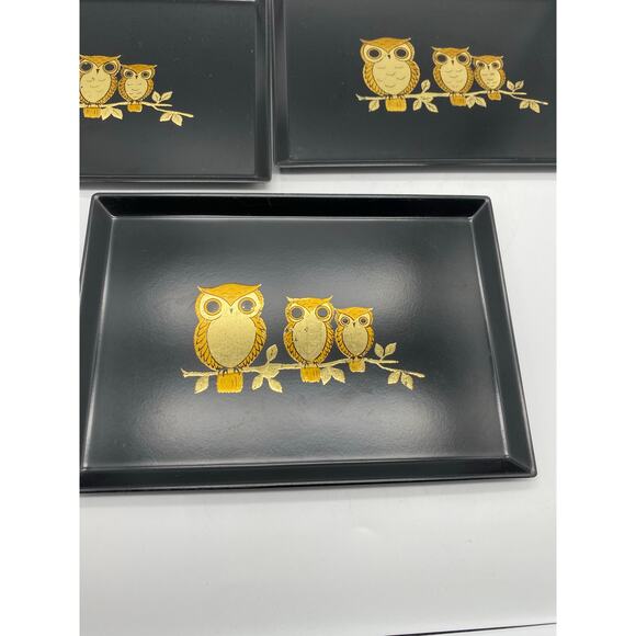 Vintage Otagiri Black & Gold set of 3 Owl Trinket Tray Japan - Retro - Picture 3 of 8